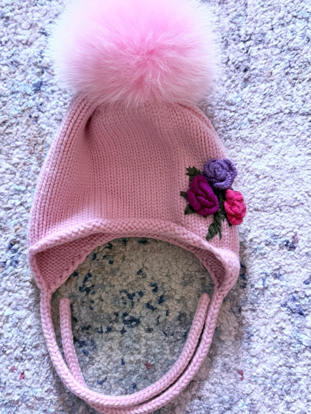 Girls Pink Knit Pom Pom Earflap Hat with Floral Applique